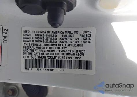 2012 Honda Cr-V Ex-L from USA, damaged, VIN 5J6RM3H72CL019080